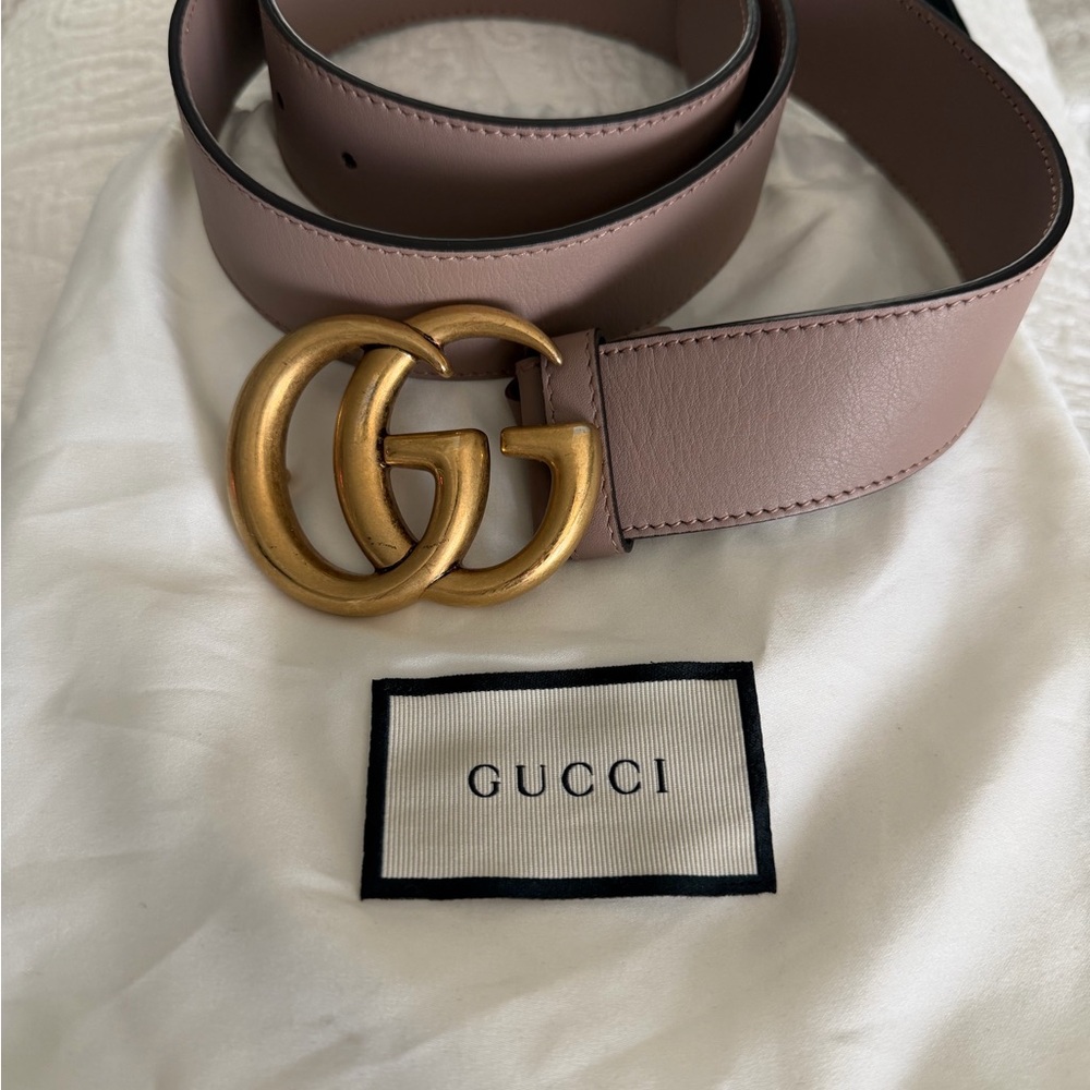 Gucci Double G Belt in Dusty Pink with Gold Buckle